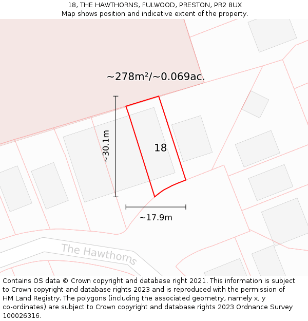 18, THE HAWTHORNS, FULWOOD, PRESTON, PR2 8UX: Plot and title map