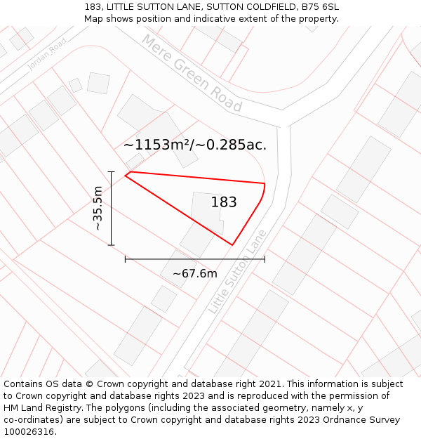 183, LITTLE SUTTON LANE, SUTTON COLDFIELD, B75 6SL: Plot and title map