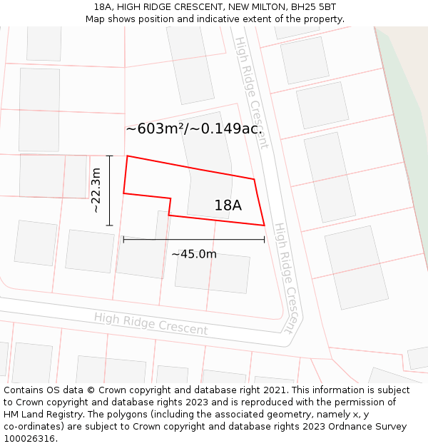 18A, HIGH RIDGE CRESCENT, NEW MILTON, BH25 5BT: Plot and title map