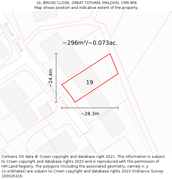 19, BROOK CLOSE, GREAT TOTHAM, MALDON, CM9 8PE: Plot and title map