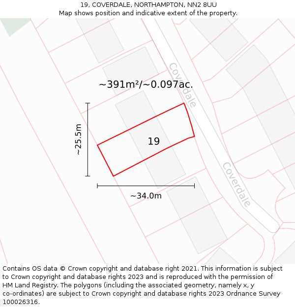 19, COVERDALE, NORTHAMPTON, NN2 8UU: Plot and title map