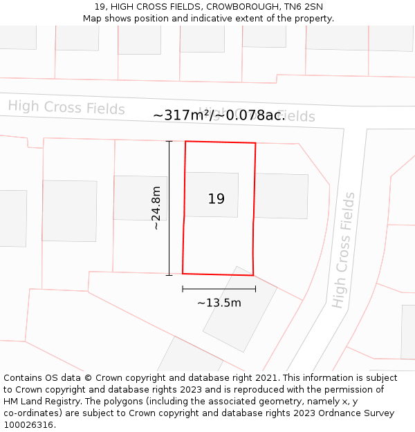 19, HIGH CROSS FIELDS, CROWBOROUGH, TN6 2SN: Plot and title map