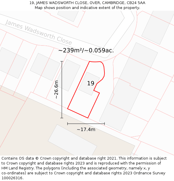 19, JAMES WADSWORTH CLOSE, OVER, CAMBRIDGE, CB24 5AA: Plot and title map