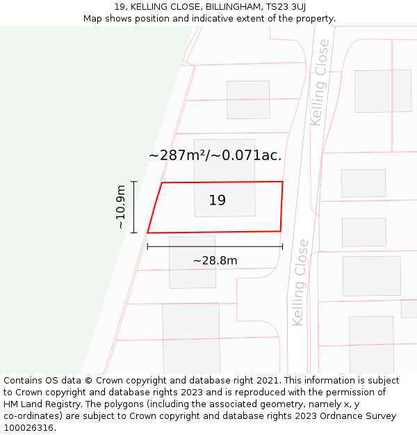 19, KELLING CLOSE, BILLINGHAM, TS23 3UJ: Plot and title map