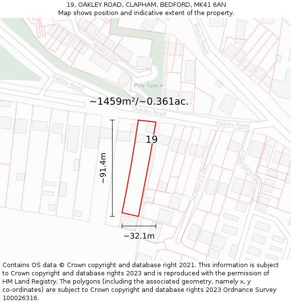 19, OAKLEY ROAD, CLAPHAM, BEDFORD, MK41 6AN: Plot and title map