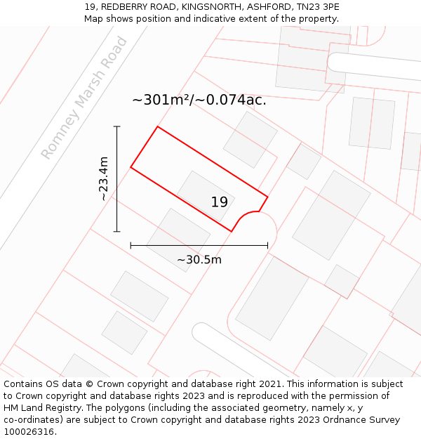 19, REDBERRY ROAD, KINGSNORTH, ASHFORD, TN23 3PE: Plot and title map