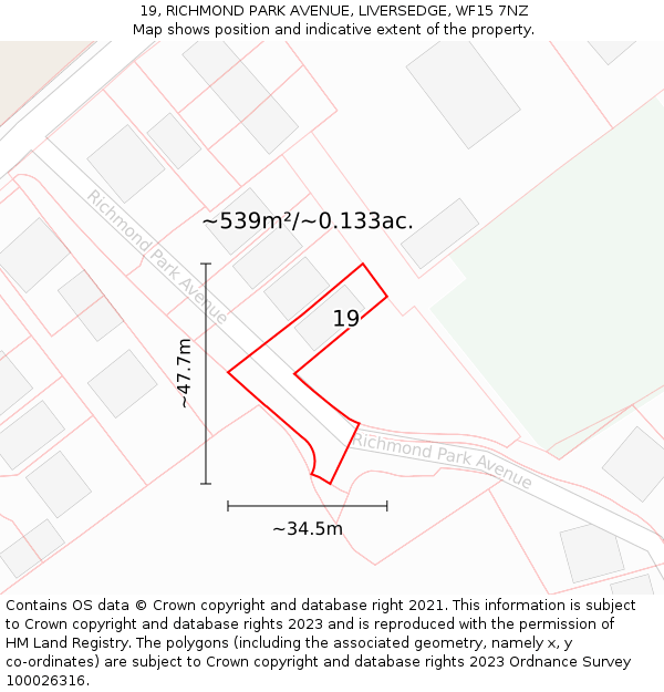 19, RICHMOND PARK AVENUE, LIVERSEDGE, WF15 7NZ: Plot and title map