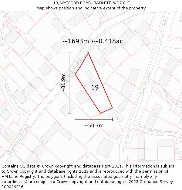 19, WATFORD ROAD, RADLETT, WD7 8LF: Plot and title map