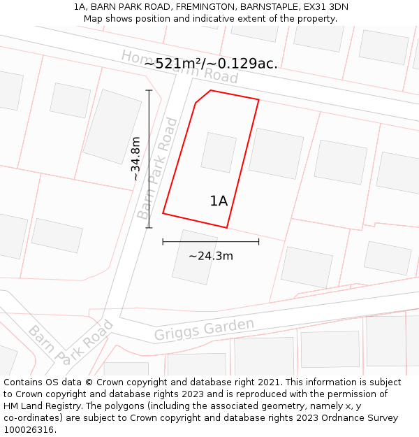 1A, BARN PARK ROAD, FREMINGTON, BARNSTAPLE, EX31 3DN: Plot and title map