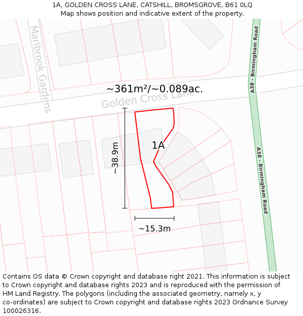 1A, GOLDEN CROSS LANE, CATSHILL, BROMSGROVE, B61 0LQ: Plot and title map