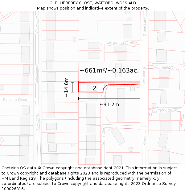 2, BLUEBERRY CLOSE, WATFORD, WD19 4LB: Plot and title map