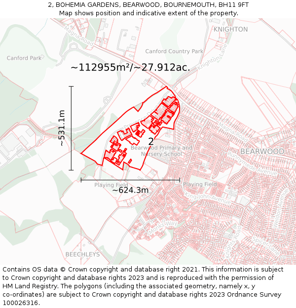 2, BOHEMIA GARDENS, BEARWOOD, BOURNEMOUTH, BH11 9FT: Plot and title map