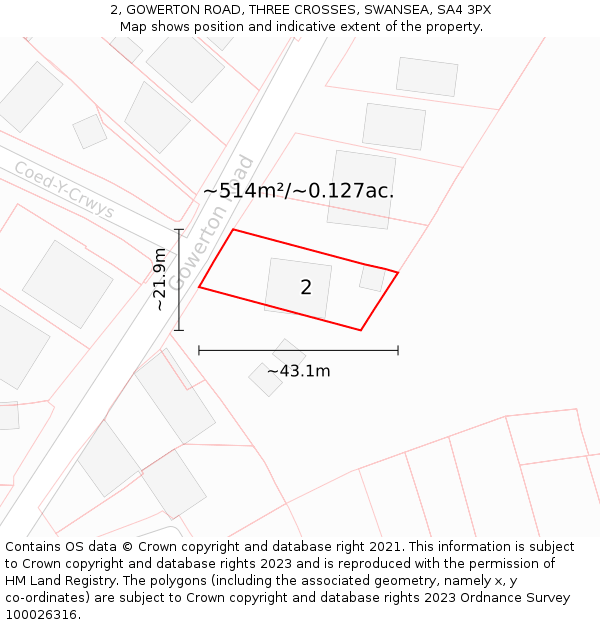 2, GOWERTON ROAD, THREE CROSSES, SWANSEA, SA4 3PX: Plot and title map