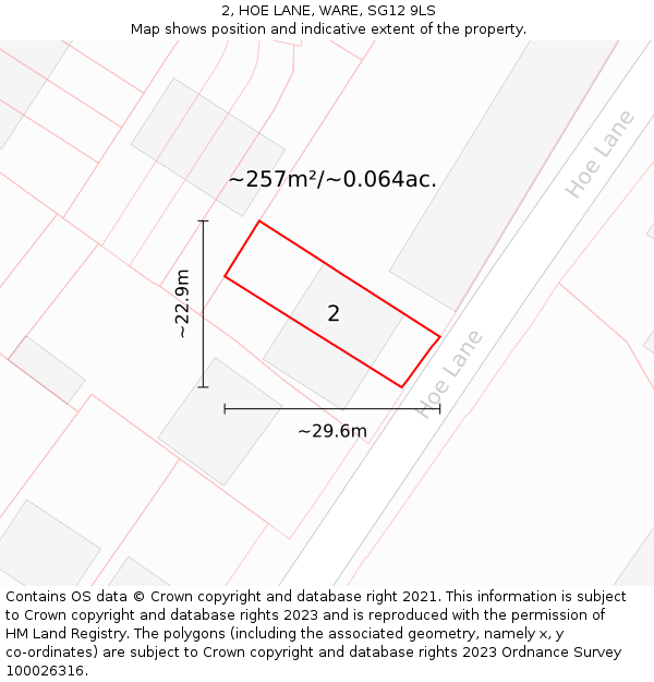 2, HOE LANE, WARE, SG12 9LS: Plot and title map