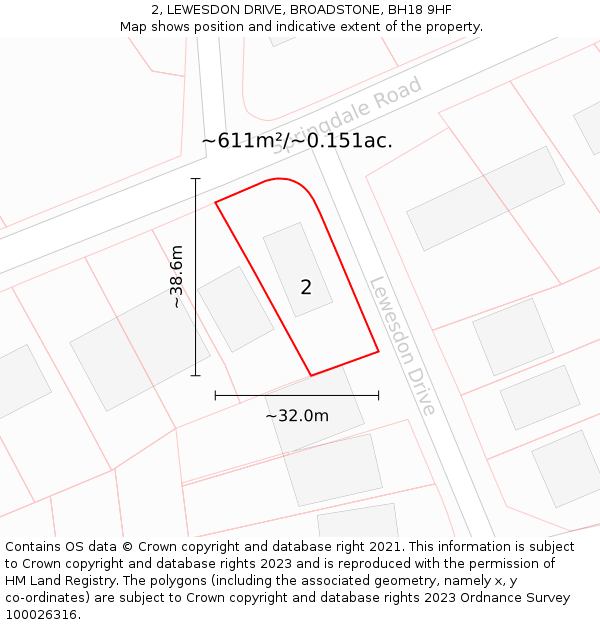 2, LEWESDON DRIVE, BROADSTONE, BH18 9HF: Plot and title map