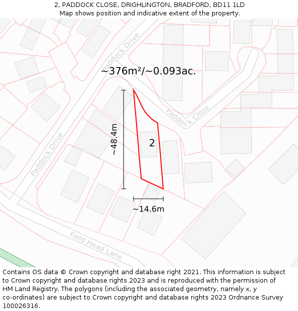 2, PADDOCK CLOSE, DRIGHLINGTON, BRADFORD, BD11 1LD: Plot and title map