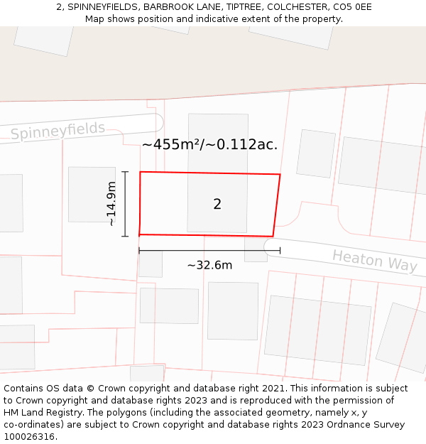 2, SPINNEYFIELDS, BARBROOK LANE, TIPTREE, COLCHESTER, CO5 0EE: Plot and title map