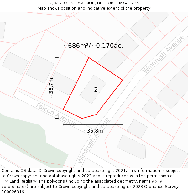 2, WINDRUSH AVENUE, BEDFORD, MK41 7BS: Plot and title map