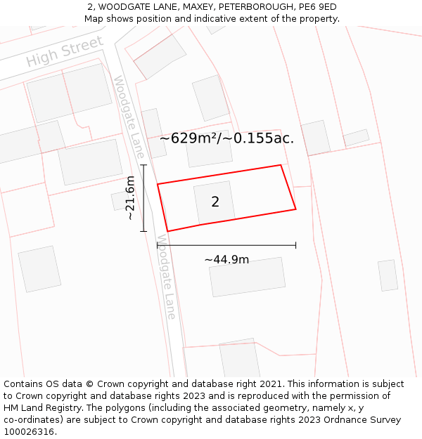 2, WOODGATE LANE, MAXEY, PETERBOROUGH, PE6 9ED: Plot and title map