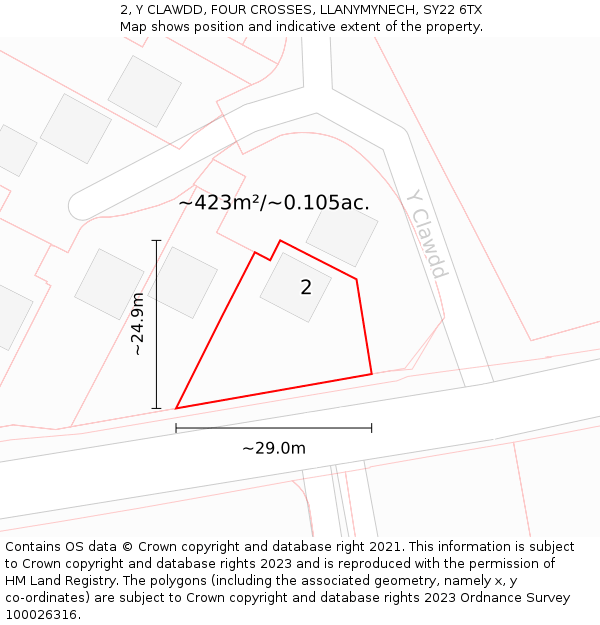 2, Y CLAWDD, FOUR CROSSES, LLANYMYNECH, SY22 6TX: Plot and title map