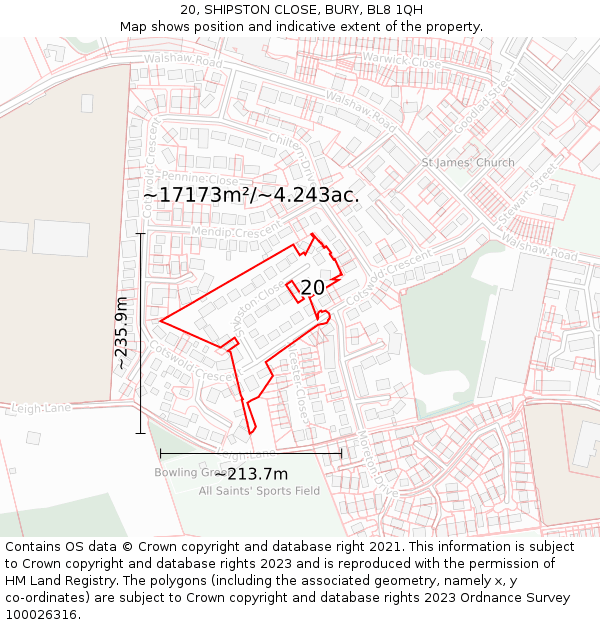 20, SHIPSTON CLOSE, BURY, BL8 1QH: Plot and title map