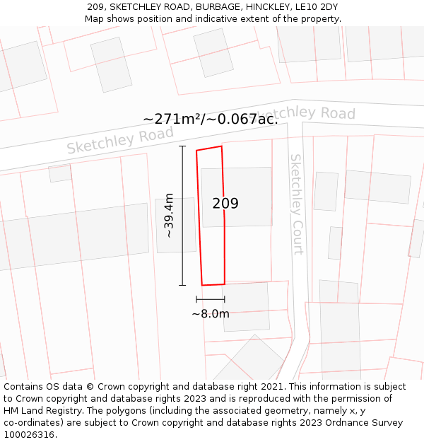 209, SKETCHLEY ROAD, BURBAGE, HINCKLEY, LE10 2DY: Plot and title map