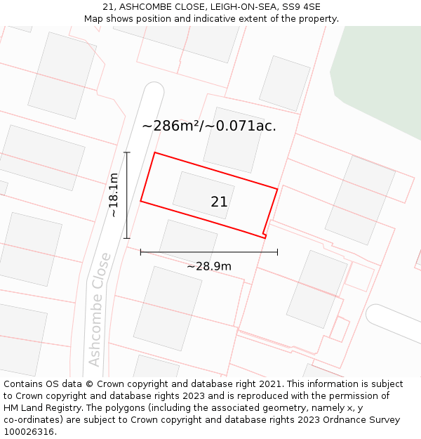 21, ASHCOMBE CLOSE, LEIGH-ON-SEA, SS9 4SE: Plot and title map