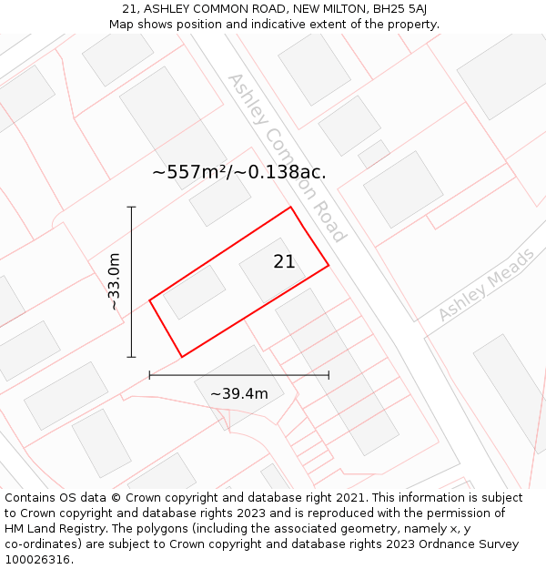 21, ASHLEY COMMON ROAD, NEW MILTON, BH25 5AJ: Plot and title map