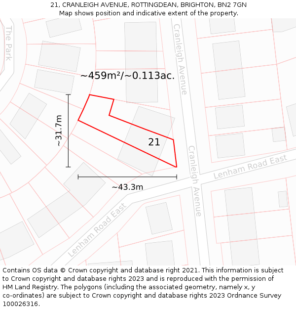 21, CRANLEIGH AVENUE, ROTTINGDEAN, BRIGHTON, BN2 7GN: Plot and title map