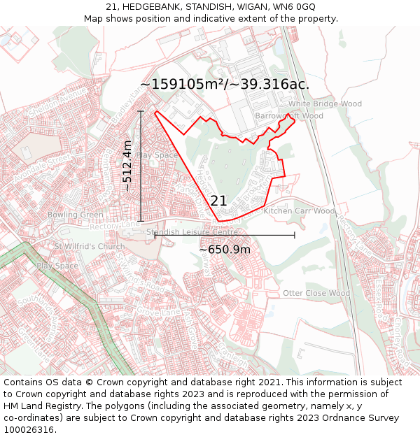 21, HEDGEBANK, STANDISH, WIGAN, WN6 0GQ: Plot and title map