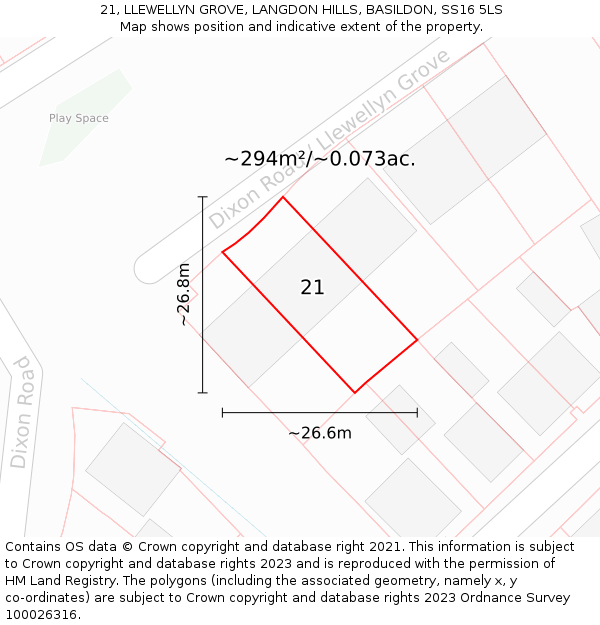 21, LLEWELLYN GROVE, LANGDON HILLS, BASILDON, SS16 5LS: Plot and title map