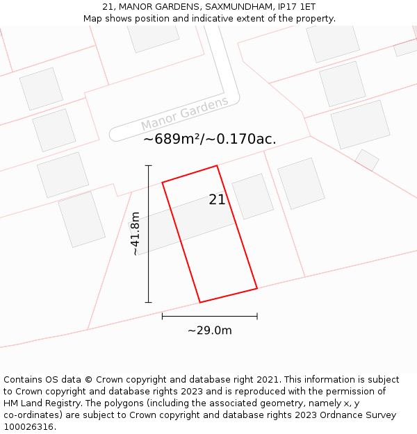 21, MANOR GARDENS, SAXMUNDHAM, IP17 1ET: Plot and title map