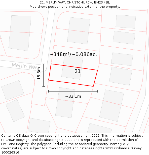 21, MERLIN WAY, CHRISTCHURCH, BH23 4BL: Plot and title map