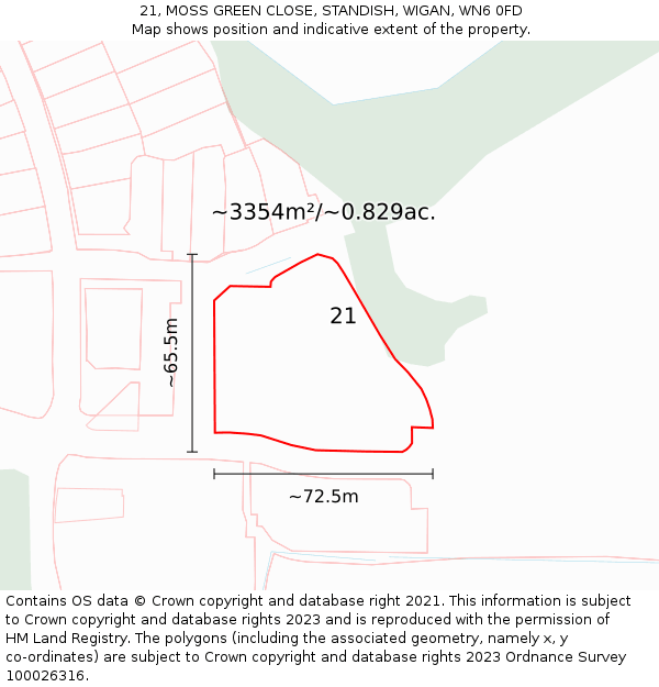 21, MOSS GREEN CLOSE, STANDISH, WIGAN, WN6 0FD: Plot and title map