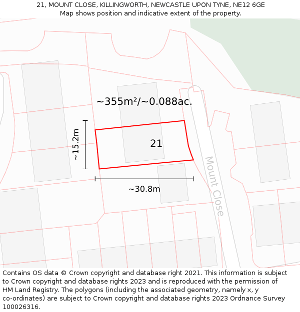 21, MOUNT CLOSE, KILLINGWORTH, NEWCASTLE UPON TYNE, NE12 6GE: Plot and title map