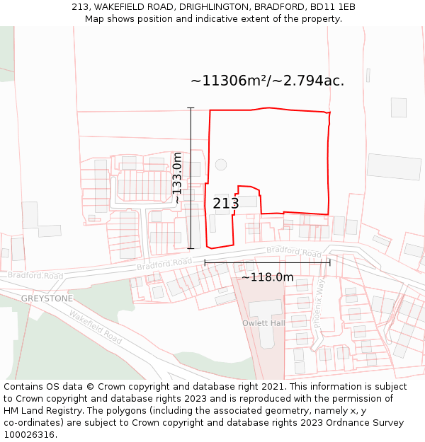 213, WAKEFIELD ROAD, DRIGHLINGTON, BRADFORD, BD11 1EB: Plot and title map