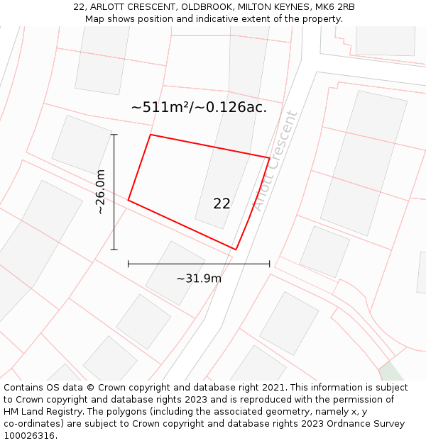 22, ARLOTT CRESCENT, OLDBROOK, MILTON KEYNES, MK6 2RB: Plot and title map