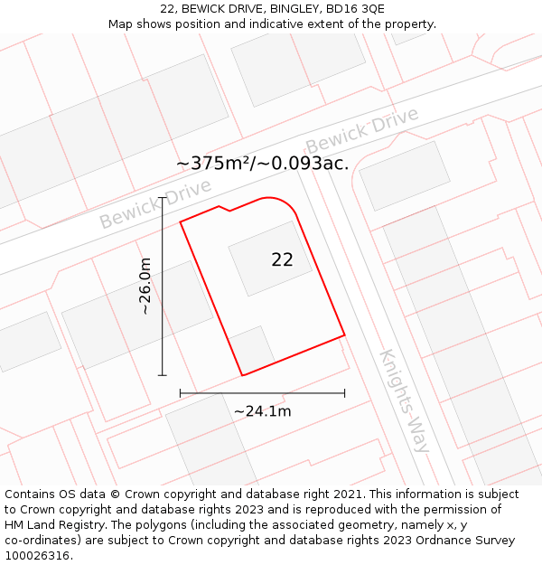 22, BEWICK DRIVE, BINGLEY, BD16 3QE: Plot and title map