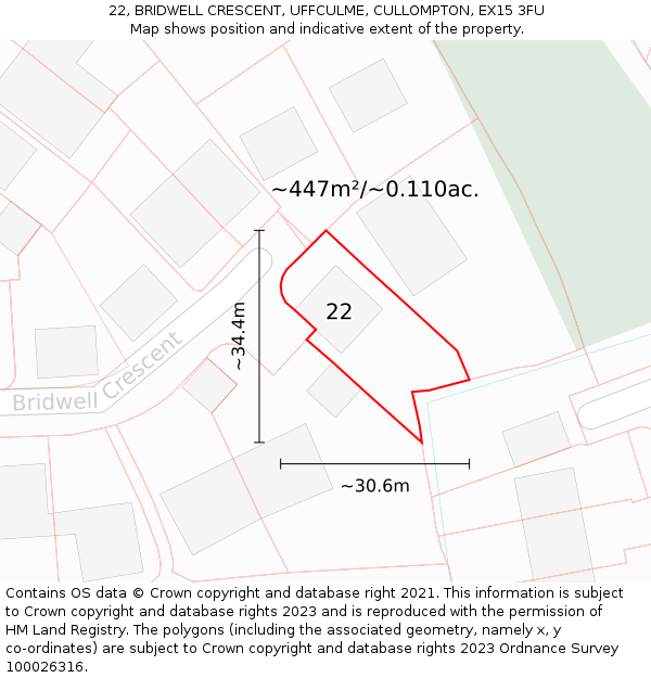 22, BRIDWELL CRESCENT, UFFCULME, CULLOMPTON, EX15 3FU: Plot and title map