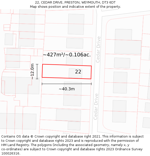 22, CEDAR DRIVE, PRESTON, WEYMOUTH, DT3 6DT: Plot and title map