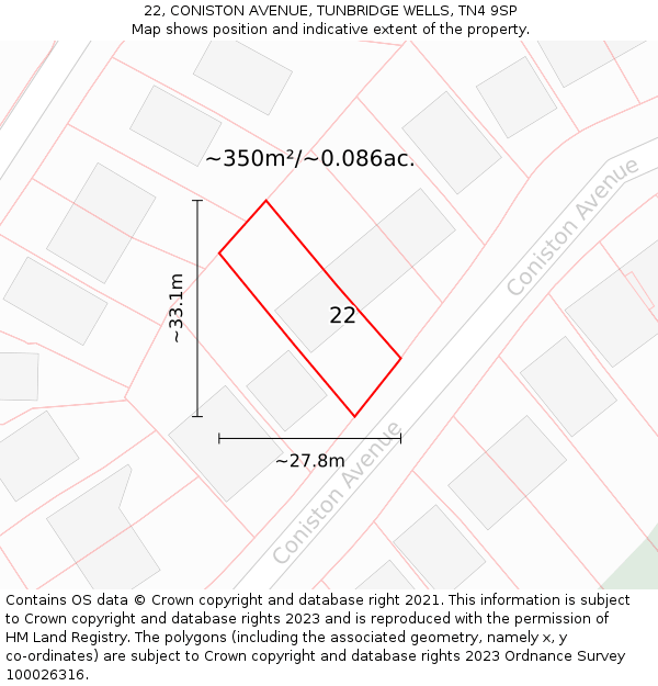 22, CONISTON AVENUE, TUNBRIDGE WELLS, TN4 9SP: Plot and title map