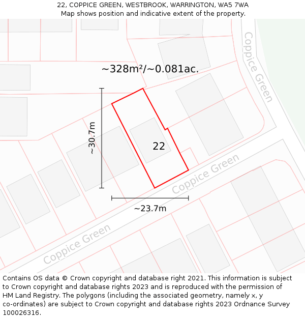 22, COPPICE GREEN, WESTBROOK, WARRINGTON, WA5 7WA: Plot and title map