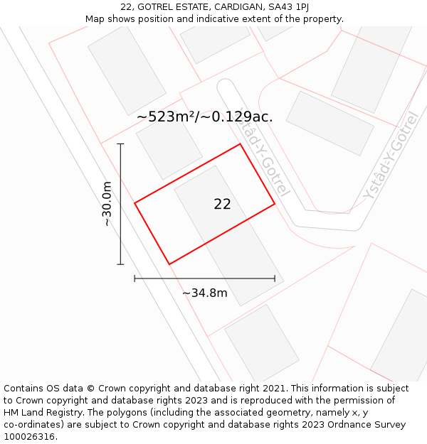22, GOTREL ESTATE, CARDIGAN, SA43 1PJ: Plot and title map