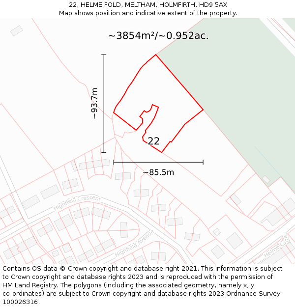 22, HELME FOLD, MELTHAM, HOLMFIRTH, HD9 5AX: Plot and title map