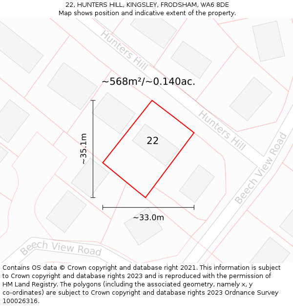 22, HUNTERS HILL, KINGSLEY, FRODSHAM, WA6 8DE: Plot and title map