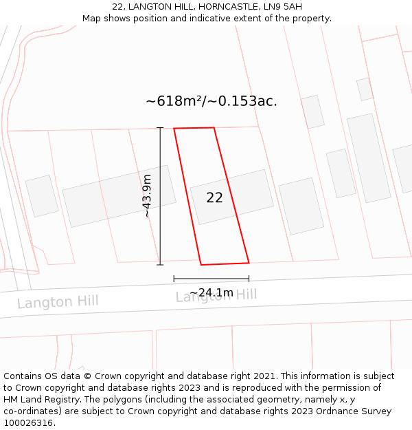 22, LANGTON HILL, HORNCASTLE, LN9 5AH: Plot and title map