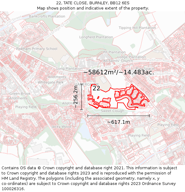 22, TATE CLOSE, BURNLEY, BB12 6ES: Plot and title map