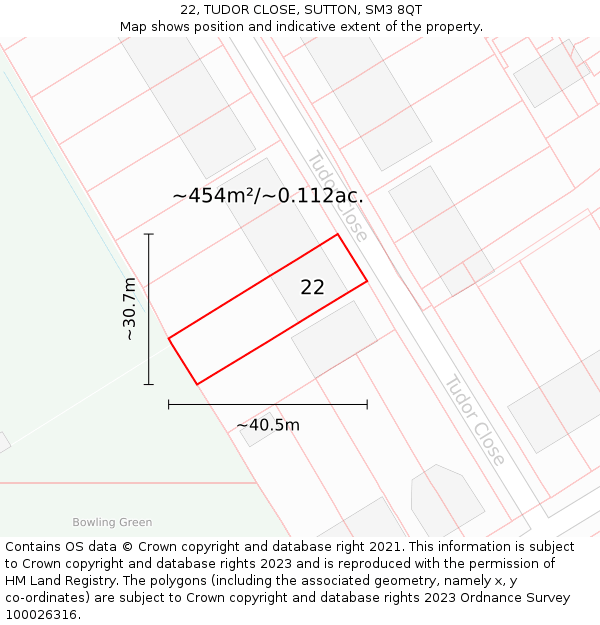 22, TUDOR CLOSE, SUTTON, SM3 8QT: Plot and title map