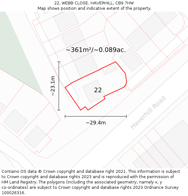 22, WEBB CLOSE, HAVERHILL, CB9 7HW: Plot and title map