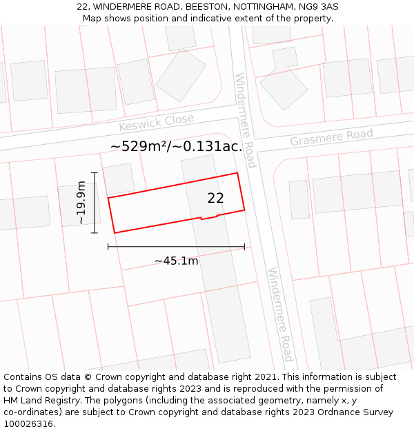 22, WINDERMERE ROAD, BEESTON, NOTTINGHAM, NG9 3AS: Plot and title map